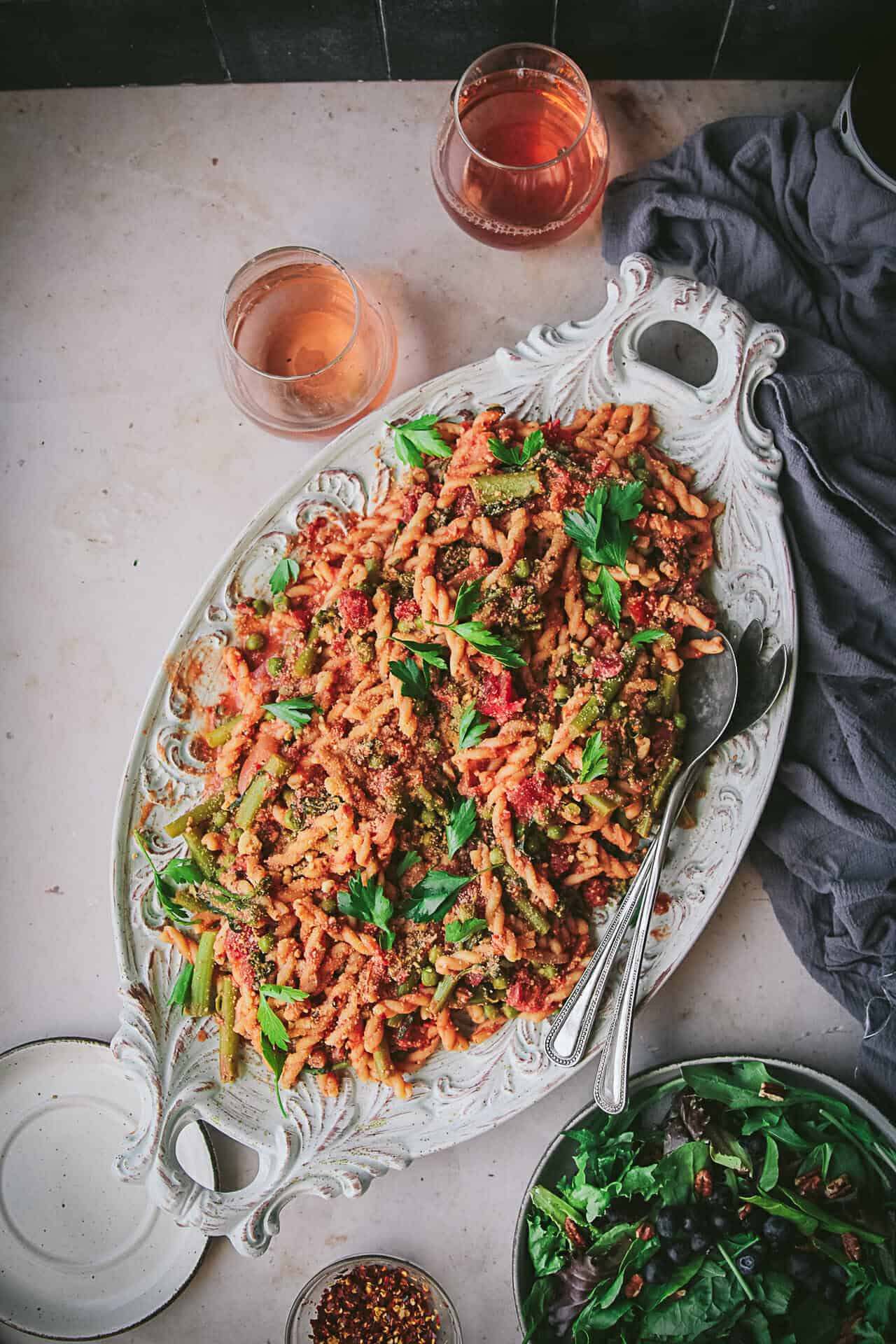 platter of rose pasta with broccolini