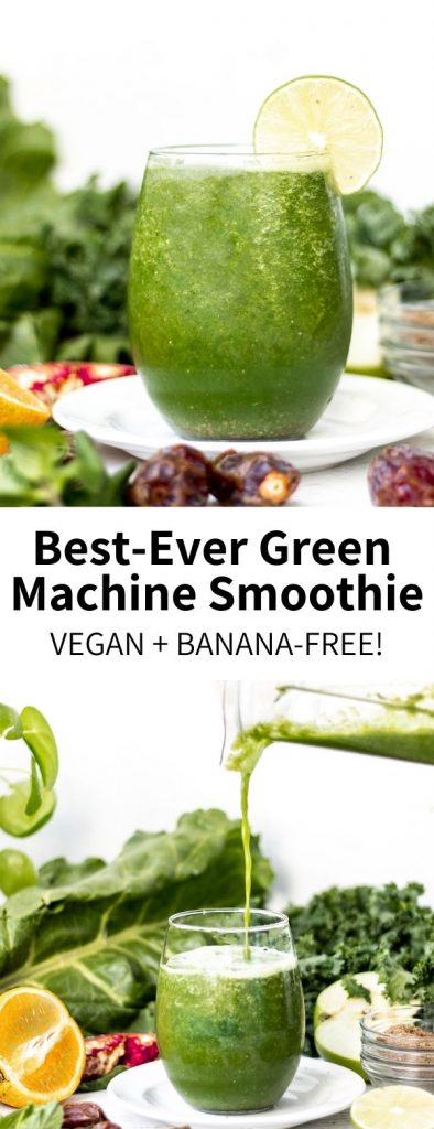 Loaded with vitamin-rich greens like kale, chard, and mint, this naturally-sweetened green machine smoothie is so refreshing and totally vegan! A healthy drink ready in 5 minutes, you'll want to sip this every morning.Â #kale #smoothie #greenmachine #greensmoothie #vegansmoothie #vegan #bananafree #healthy #healthyrecipes #veganrecipes #plantbased