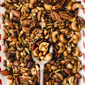 rosemary mixed nuts on a tray