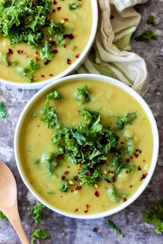 yellow potato soup with green kale