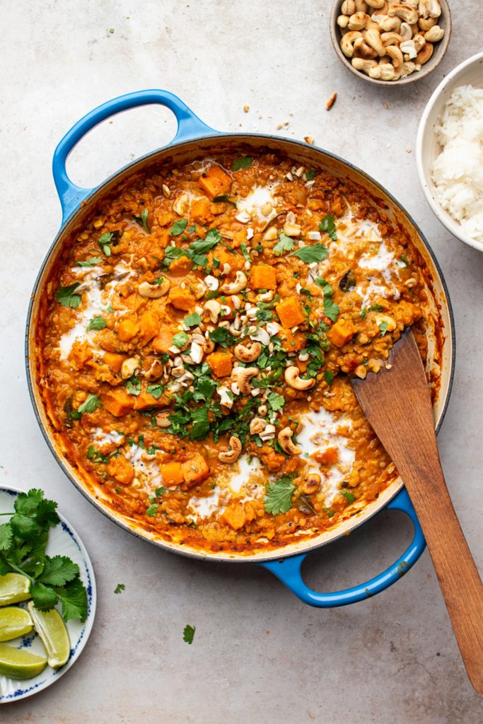 blue pot with sweet potato stew