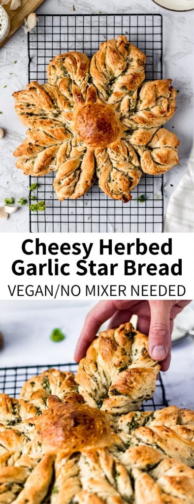 Vegan Cheesy Garlic Star Bread is a show-stopping side, surprisingly easy to make! Parmesan, parsley, & butter flavors stacked and twirled into a star.