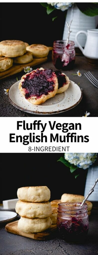 The simplest recipe for Vegan English Muffins, made with just 6 ingredients! These are full of classic flavor and delicious when toasted (with butter + jam) or on a breakfast sandwich. Much richer in flavor than store-bought, you'll impress your friends with this recipe!