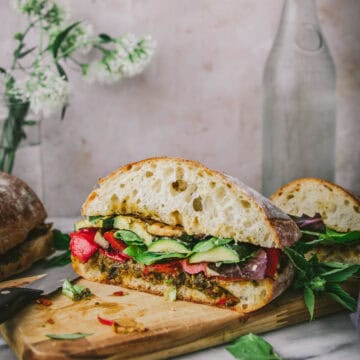 side view of a grilled veggie party sub