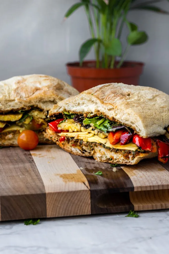 Grilled Veggie Party Sub With Sun Dried Tomato Pesto Garlic Head