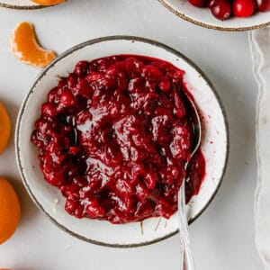 bowl of cranberry sauce shot from above in a white bowl