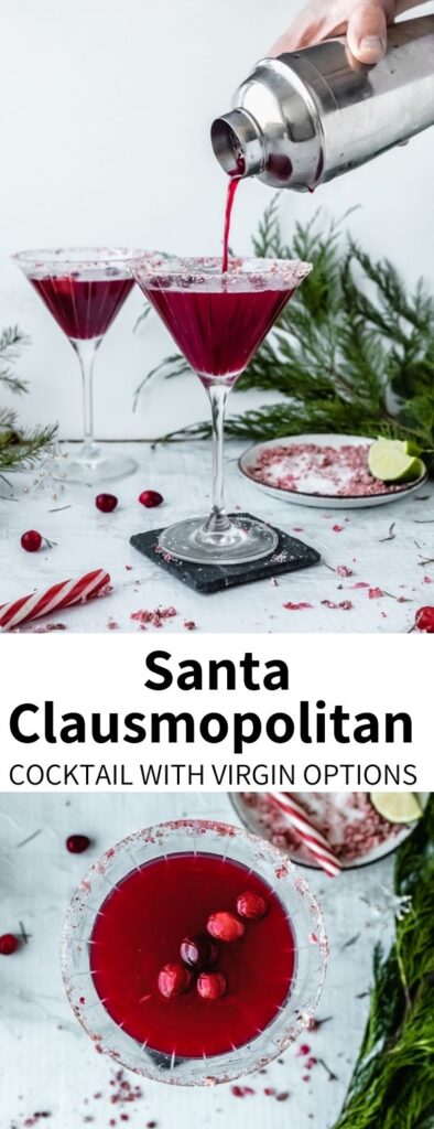 Santa"Clausmopolitans" are the ultimate festive Christmas drink! It's a bright red holiday cocktail made with zesty cranberry juice, vodka, and notes of lime and orange. Rim the glass with crushed candy canes!