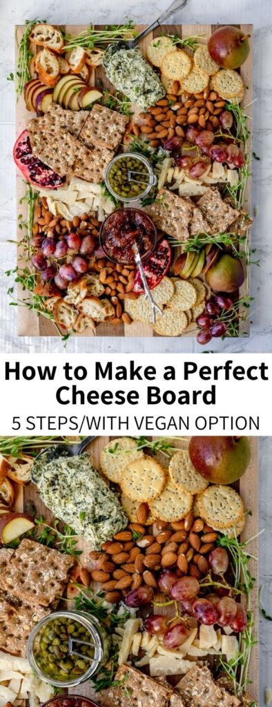 Everything you need to know about creating a Show-Stopping Cheese Board, any time of year! This post details the 5 elements you need to create the perfect charcuterie board, along with diverse options for specific ingredients. Vegan and gluten-free options included!