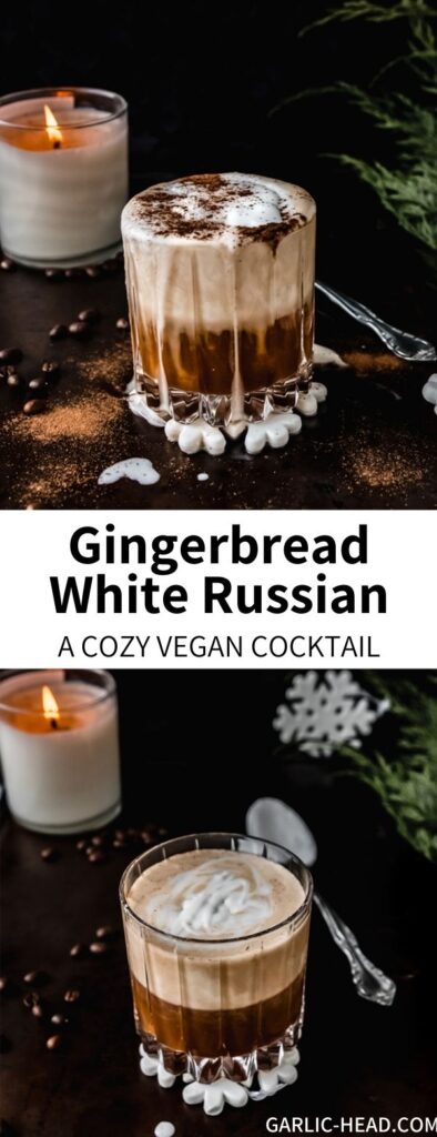 This Gingerbread White Russian Recipe is a cozy winter treat to warm you from the inside out! Filled with KahlÃºa, vodka, and coconut cream, it's a vegan version of a classic alcoholic drink. Gingerbread spices add a festive touch.
