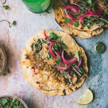 overhead shot of a creamy kale potato taco