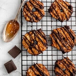 overhead shot of vegan samoas coated in chocoate