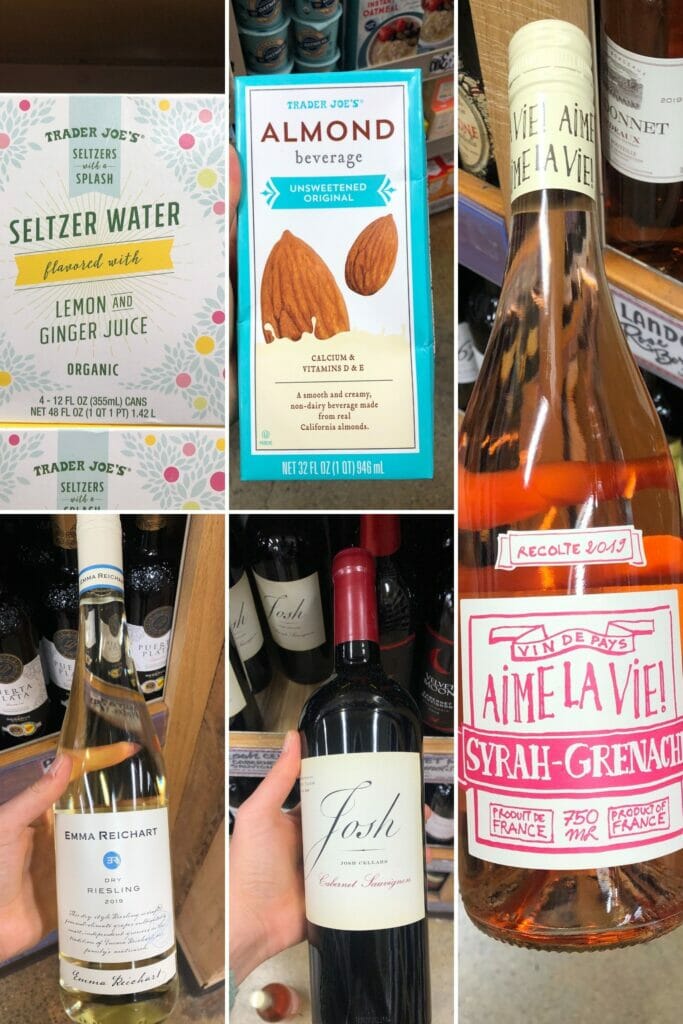 top trader joes finds in a collage with almond milk, seltzer, rose, white and red wines