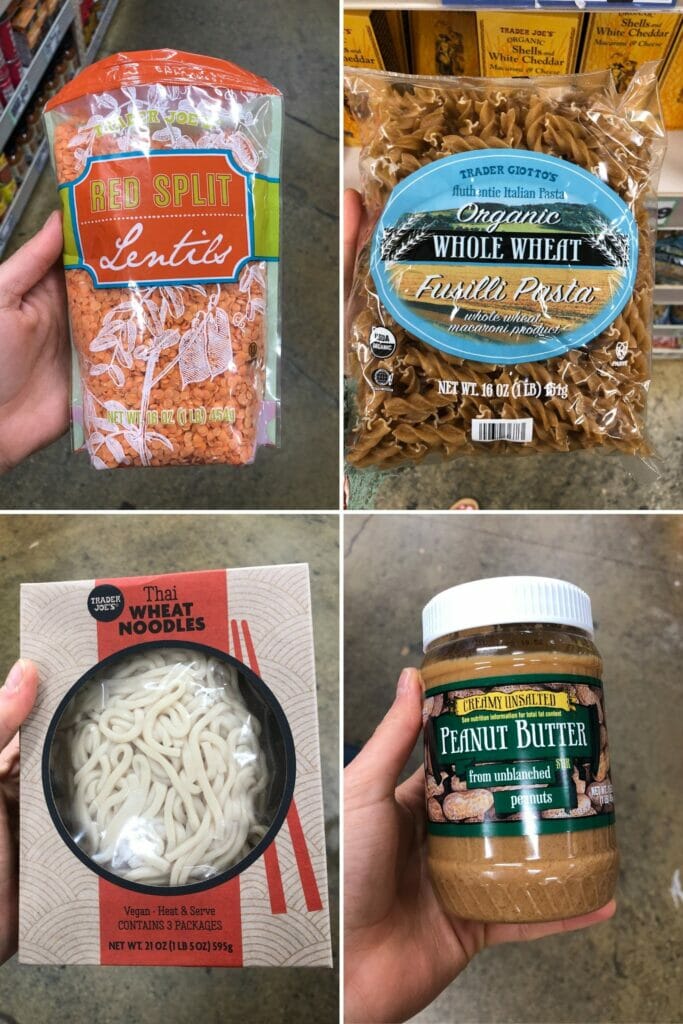 best trader joes pantry items with fusilli pasta, red lentils, thai noodles, and peanut butter