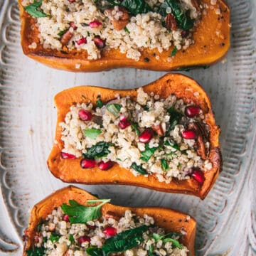 close up of quinoa stuffed honeynut squash