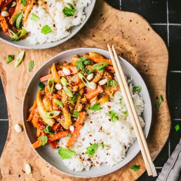 a bowl of watermelon rind stir fry with rice and peanut sauce