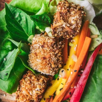 close up of coconut crusted tofu in a lettuce wrap