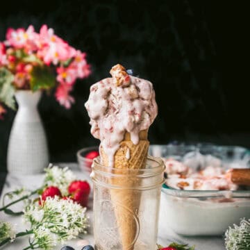 cone of vegan berry ice cream in a glass