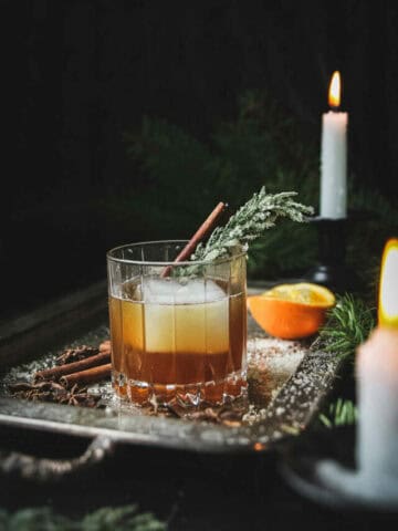 side view of a maple cinnamon whiskey sour cocktail