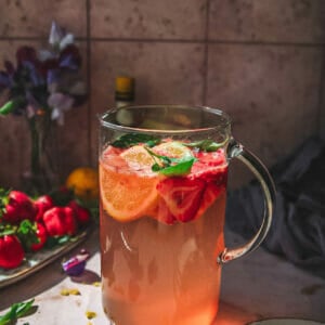 pitcher of strawberry basil garden party coctails