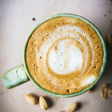 close up of vegan salted pistachio latte