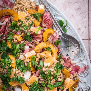 overhead view of cinnamon maple Delicata squash salad