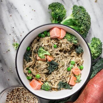 bowl of homemade dog food with chicken and quinoa