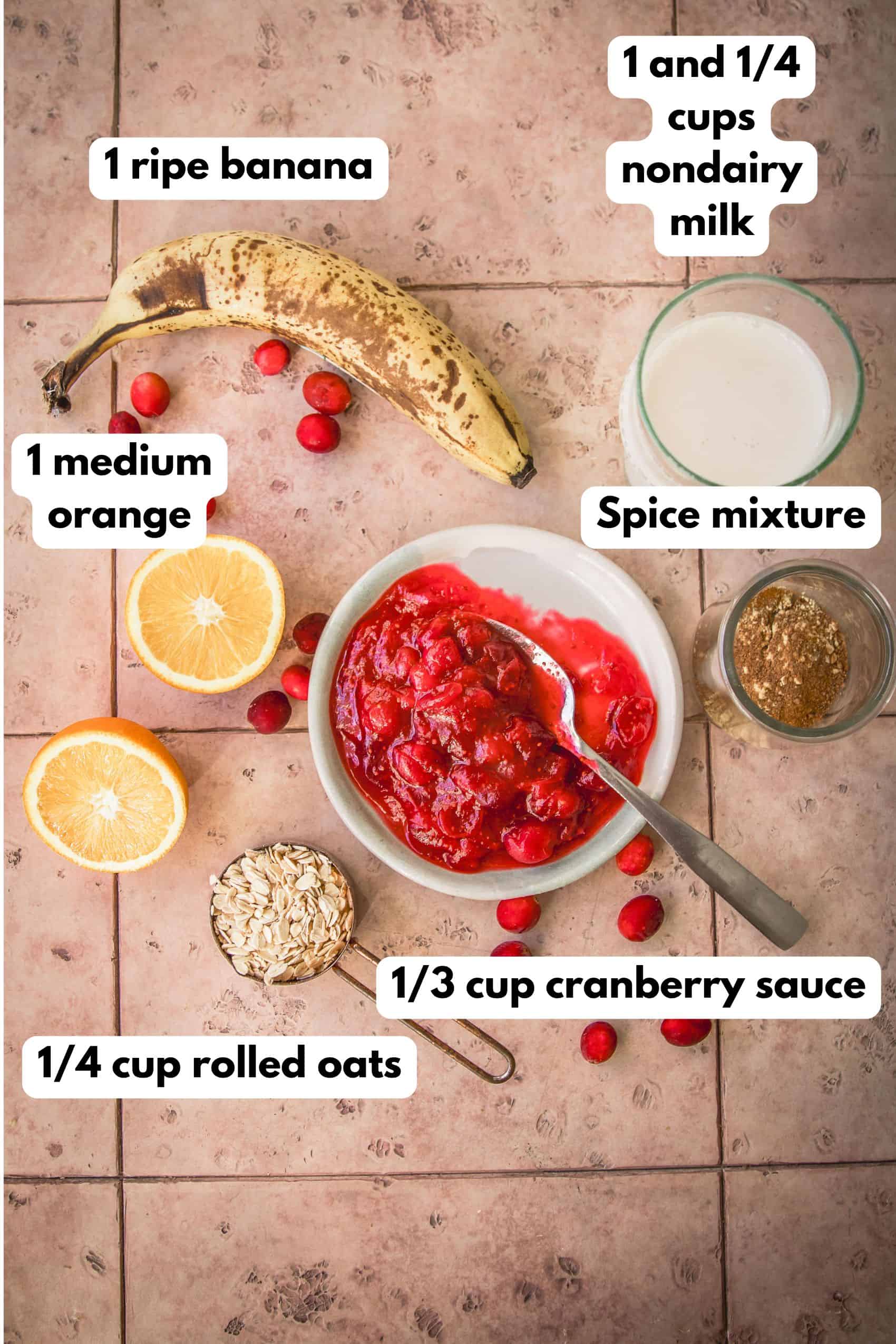 labeled ingredients image for vegan cranberry orange smoothie.